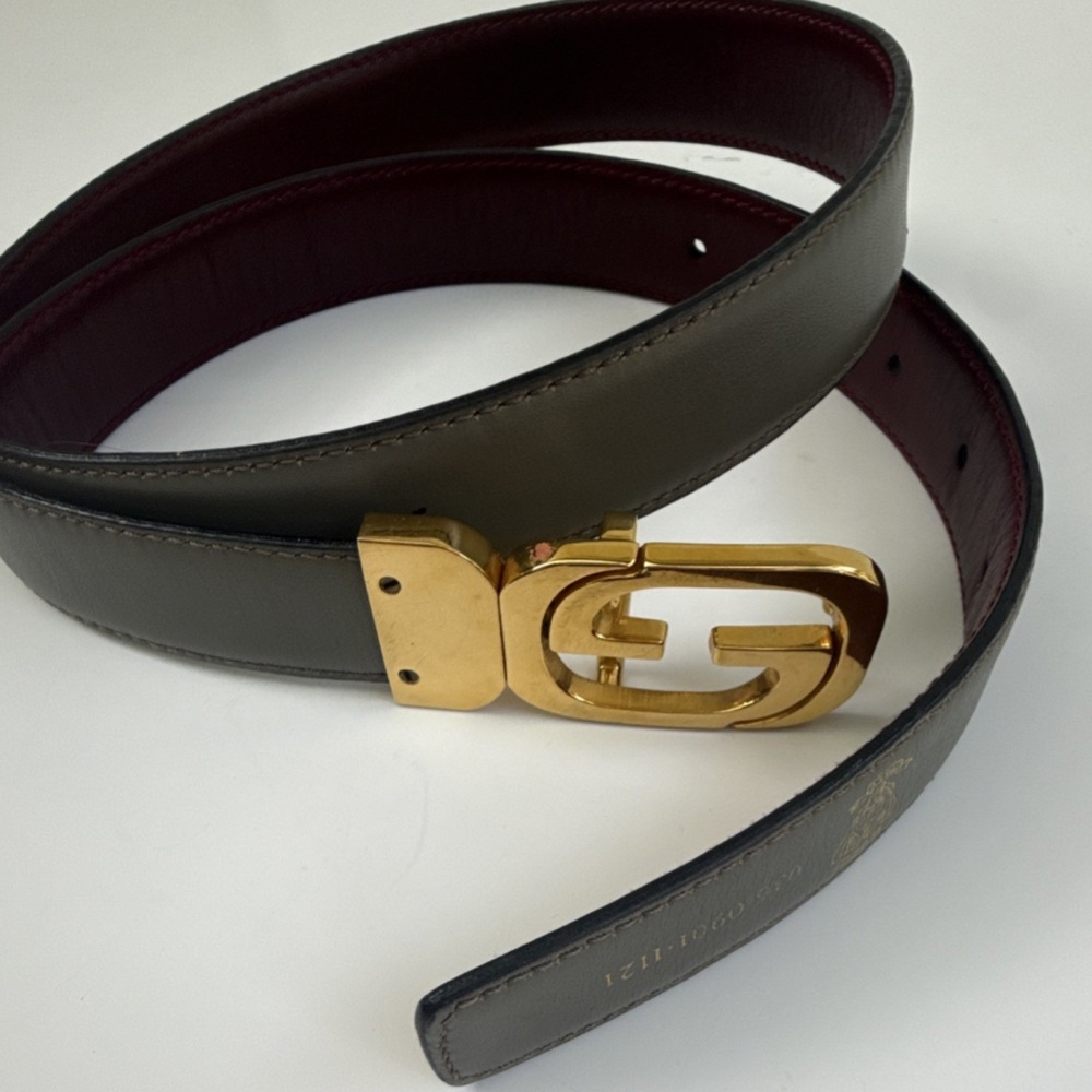 Gucci Reversible Leather Belt GG Gold Buckle Green Burgundy 36 036-0901-1121